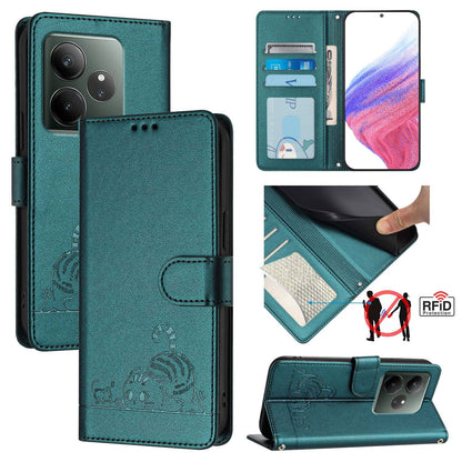 Realme GT 6 5G Global Cat and Rat Embossed Pattern, RFID Leather Phone Case with Lanyard, Kickstand, and Wallet Features