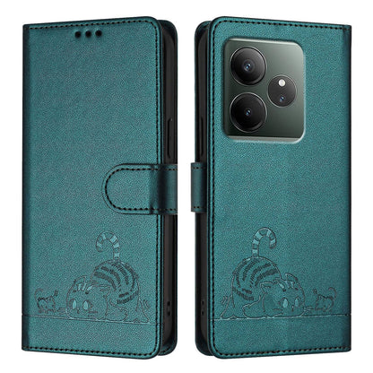 Realme GT 6 5G Global Cat and Rat Embossed Pattern, RFID Leather Phone Case with Lanyard, Kickstand, and Wallet Features