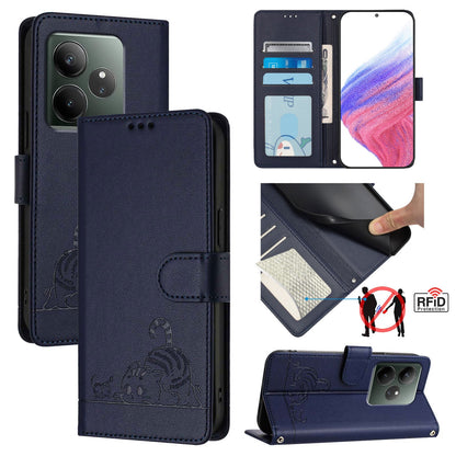 Realme GT 6 5G Global Cat and Rat Embossed Pattern, RFID Leather Phone Case with Lanyard, Kickstand, and Wallet Features