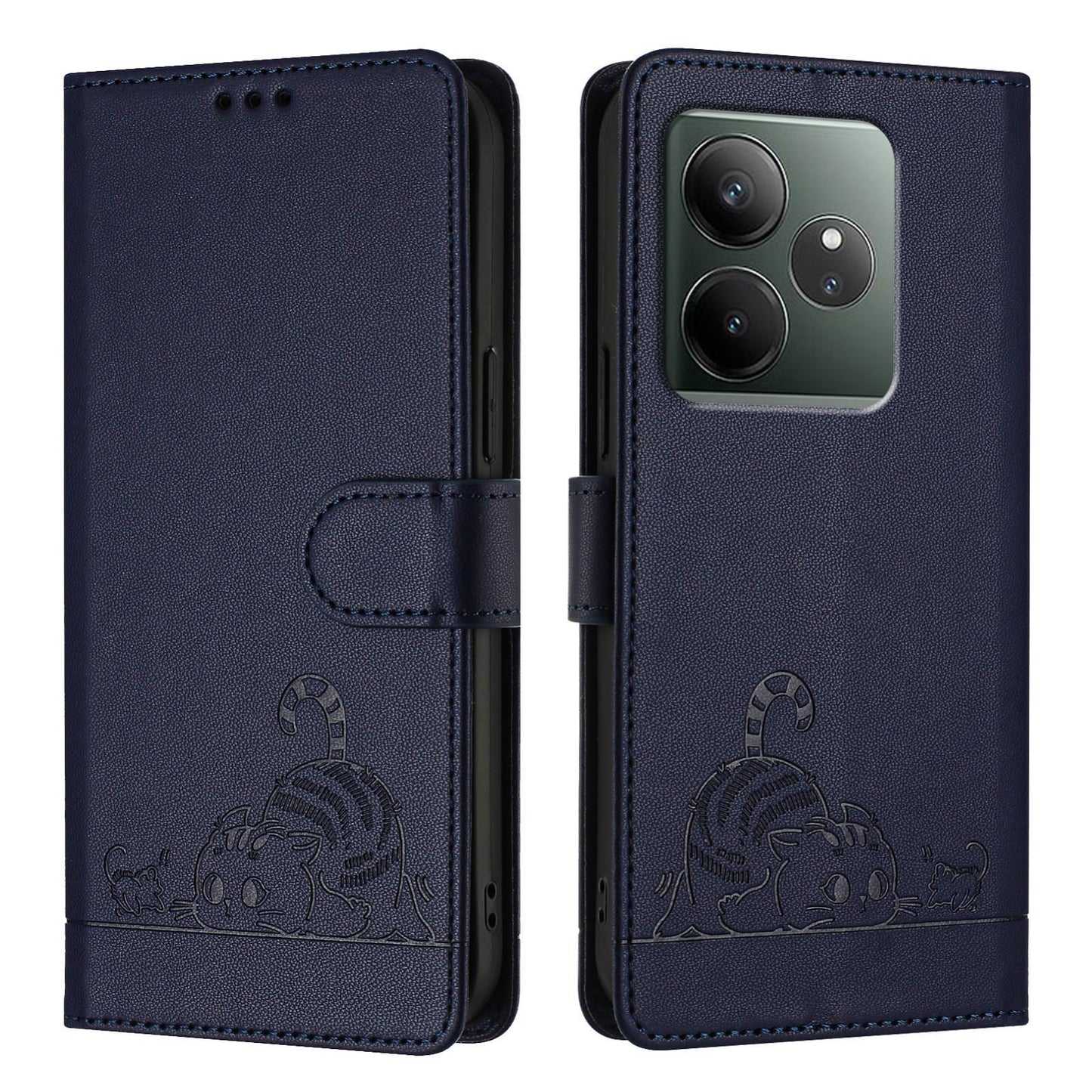Realme GT 6 5G Global Cat and Rat Embossed Pattern, RFID Leather Phone Case with Lanyard, Kickstand, and Wallet Features