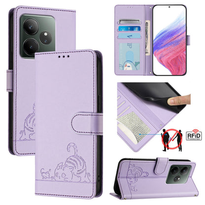 Realme GT 6 5G Global Cat and Rat Embossed Pattern, RFID Leather Phone Case with Lanyard, Kickstand, and Wallet Features