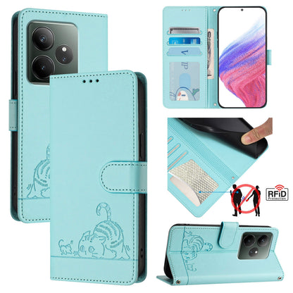 Realme GT 6T 5G Global Cat and Rat Embossed Pattern, RFID Leather Phone Case with Lanyard, Kickstand, and Wallet Features