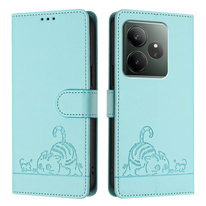 Realme GT 6T 5G Global Cat and Rat Embossed Pattern, RFID Leather Phone Case with Lanyard, Kickstand, and Wallet Features