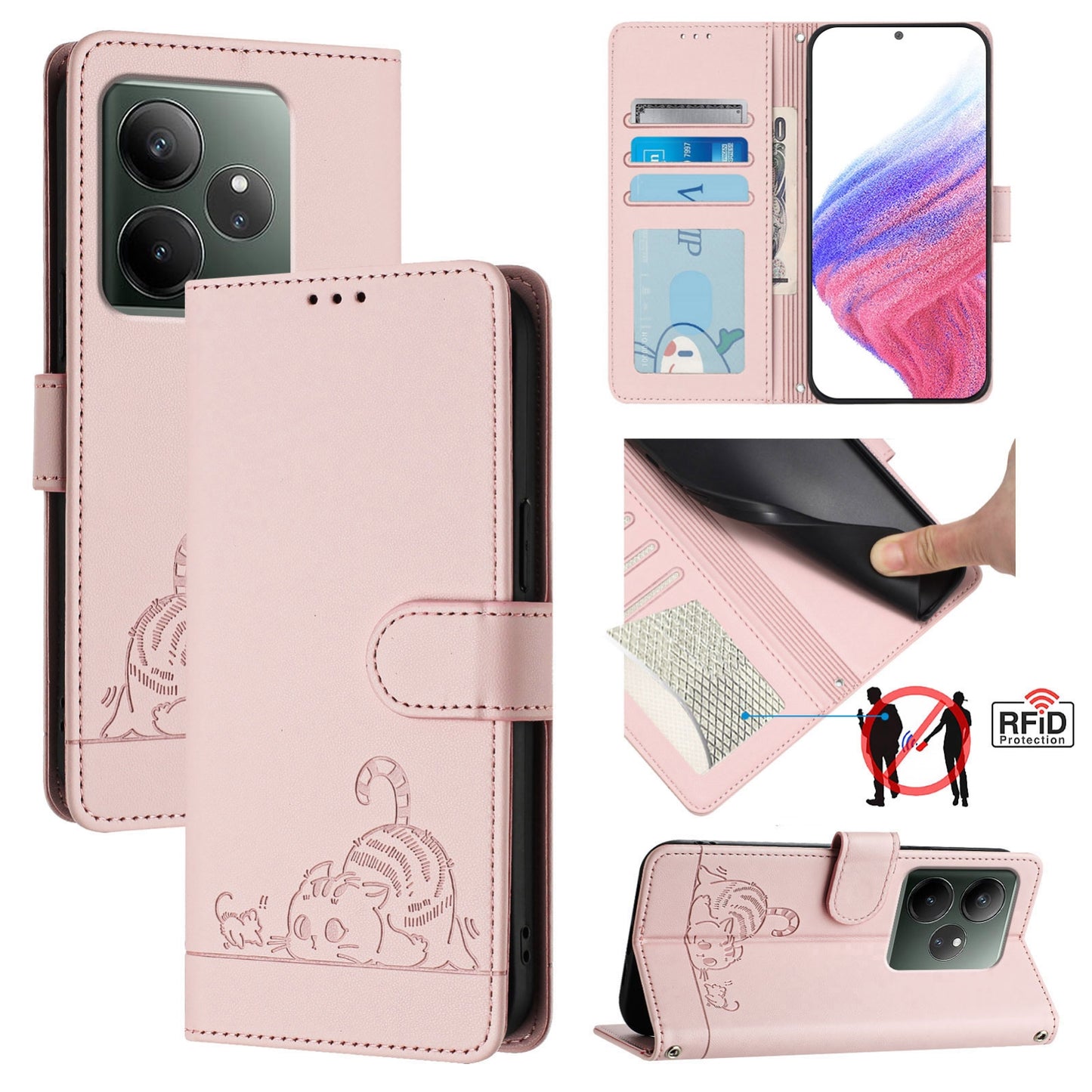 Realme GT 6T 5G Global Cat and Rat Embossed Pattern, RFID Leather Phone Case with Lanyard, Kickstand, and Wallet Features