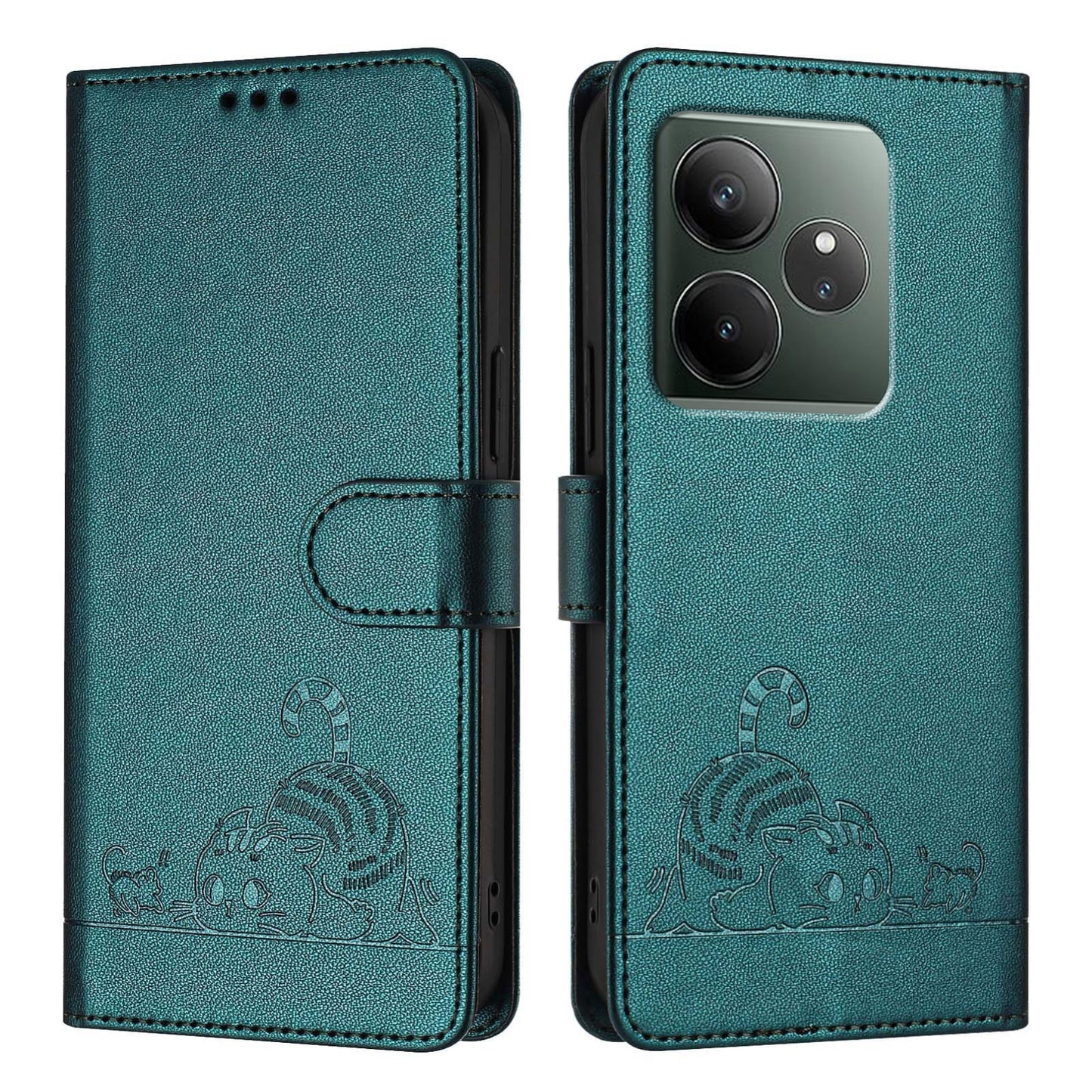 Realme GT 6T 5G Global Cat and Rat Embossed Pattern, RFID Leather Phone Case with Lanyard, Kickstand, and Wallet Features