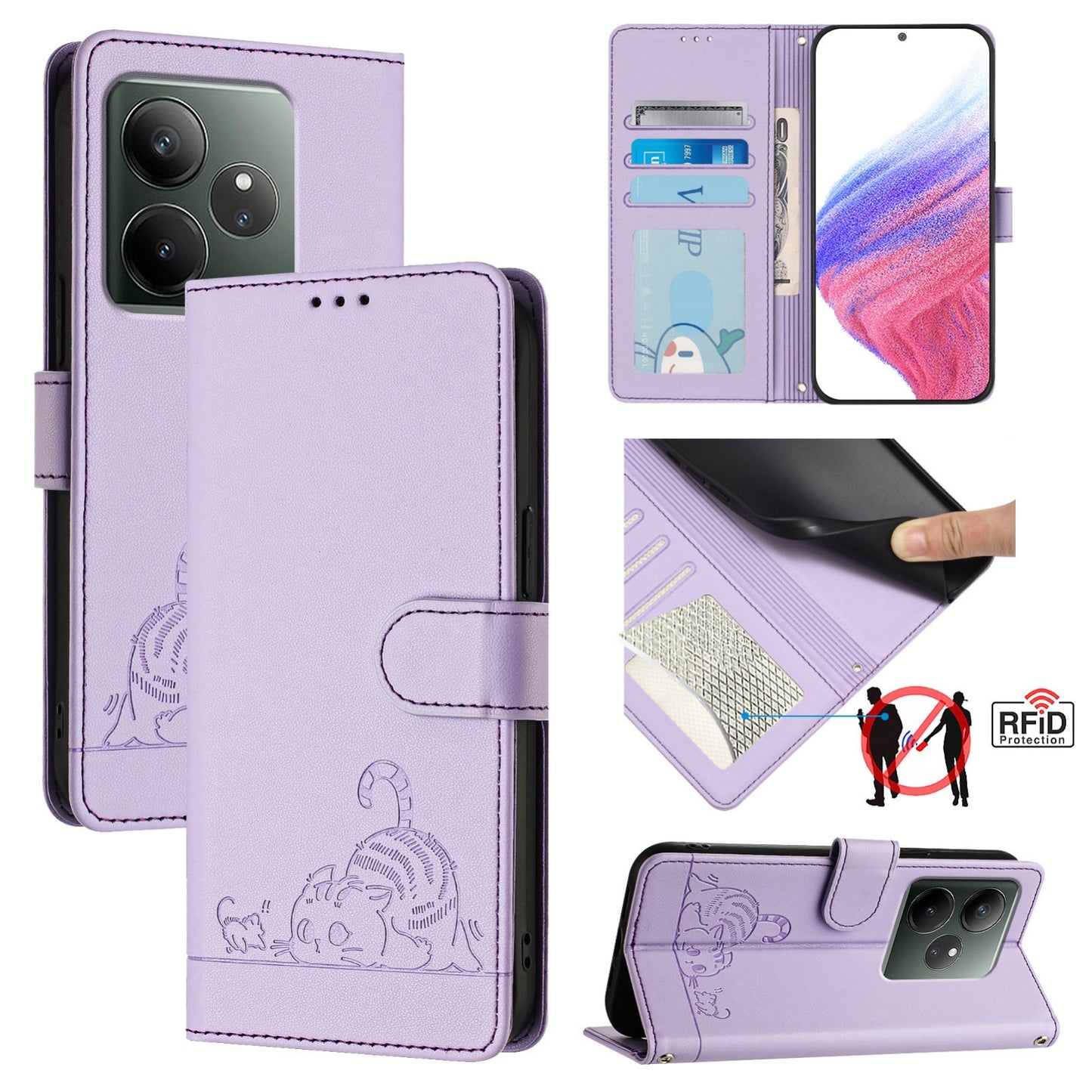 Realme GT 6T 5G Global Cat and Rat Embossed Pattern, RFID Leather Phone Case with Lanyard, Kickstand, and Wallet Features