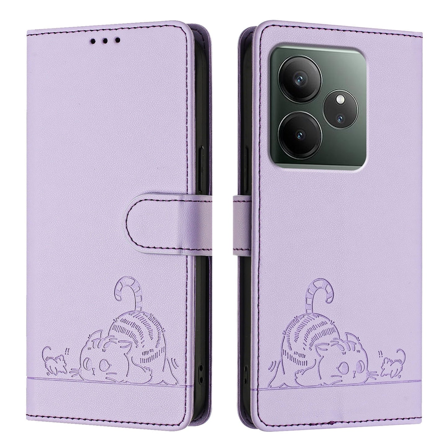 Realme GT 6T 5G Global Cat and Rat Embossed Pattern, RFID Leather Phone Case with Lanyard, Kickstand, and Wallet Features