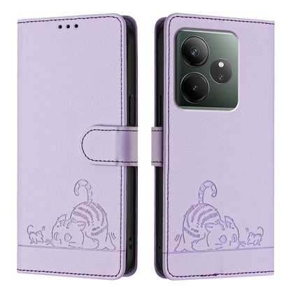 Realme GT 6T 5G Global Cat and Rat Embossed Pattern, RFID Leather Phone Case with Lanyard, Kickstand, and Wallet Features