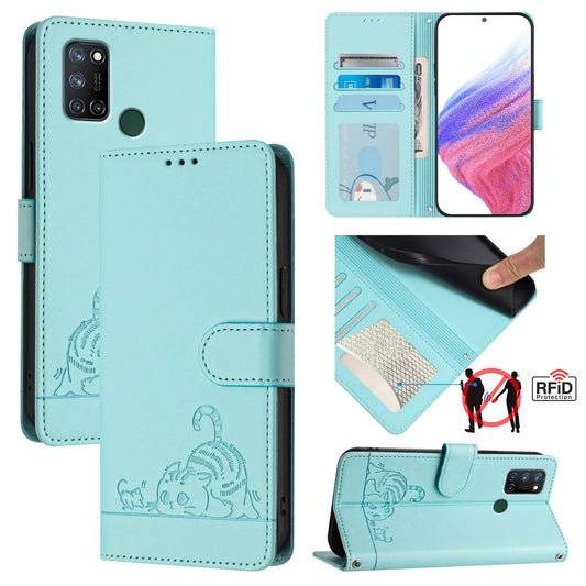 Realme C17 Cat and Rat Embossed Pattern, RFID Leather Phone Case with Lanyard, Kickstand, and Wallet Features