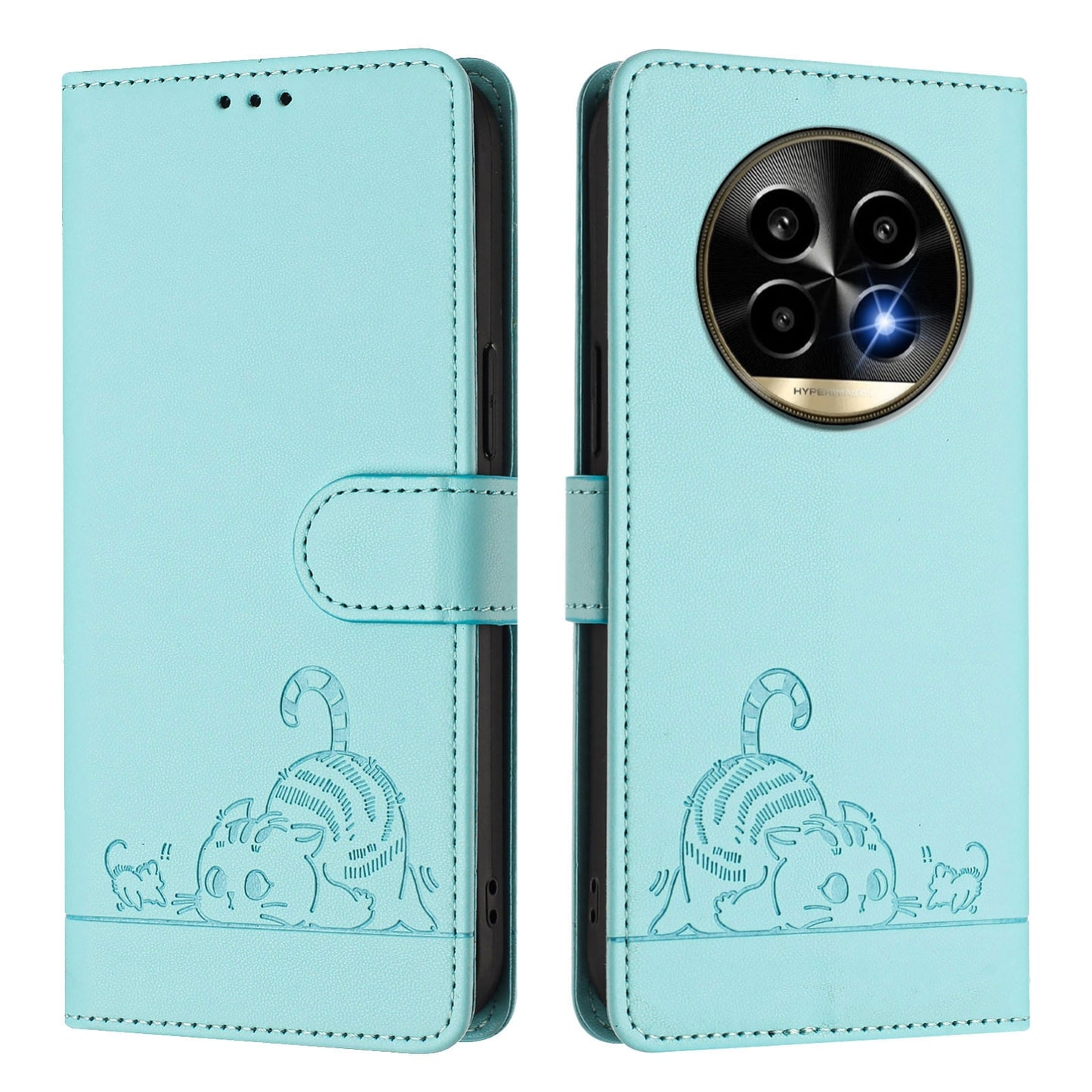 Realme 13 Pro+ 5G Cat and Rat Embossed Pattern, RFID Leather Phone Case with Lanyard, Kickstand, and Wallet Features