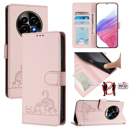 Realme 13 Pro+ 5G Cat and Rat Embossed Pattern, RFID Leather Phone Case with Lanyard, Kickstand, and Wallet Features