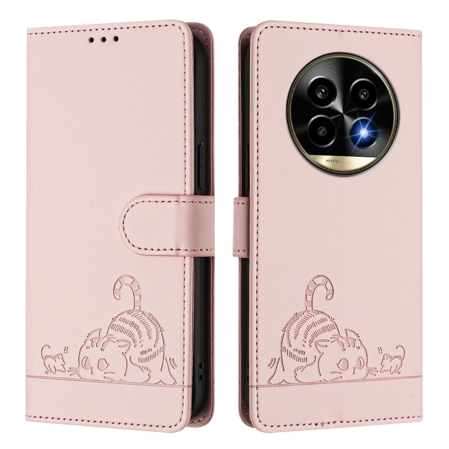 Realme 13 Pro+ 5G Cat and Rat Embossed Pattern, RFID Leather Phone Case with Lanyard, Kickstand, and Wallet Features