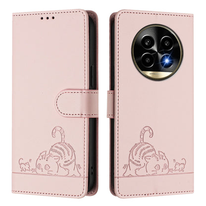 Realme 13 Pro+ 5G Cat and Rat Embossed Pattern, RFID Leather Phone Case with Lanyard, Kickstand, and Wallet Features