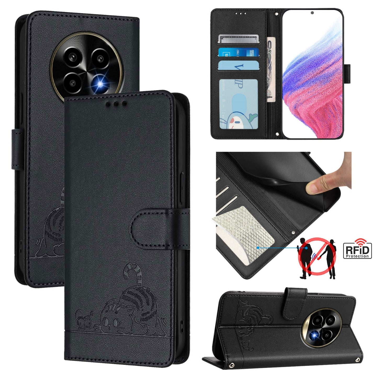 Realme 13 Pro+ 5G Cat and Rat Embossed Pattern, RFID Leather Phone Case with Lanyard, Kickstand, and Wallet Features