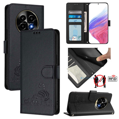 Realme 13 Pro+ 5G Cat and Rat Embossed Pattern, RFID Leather Phone Case with Lanyard, Kickstand, and Wallet Features