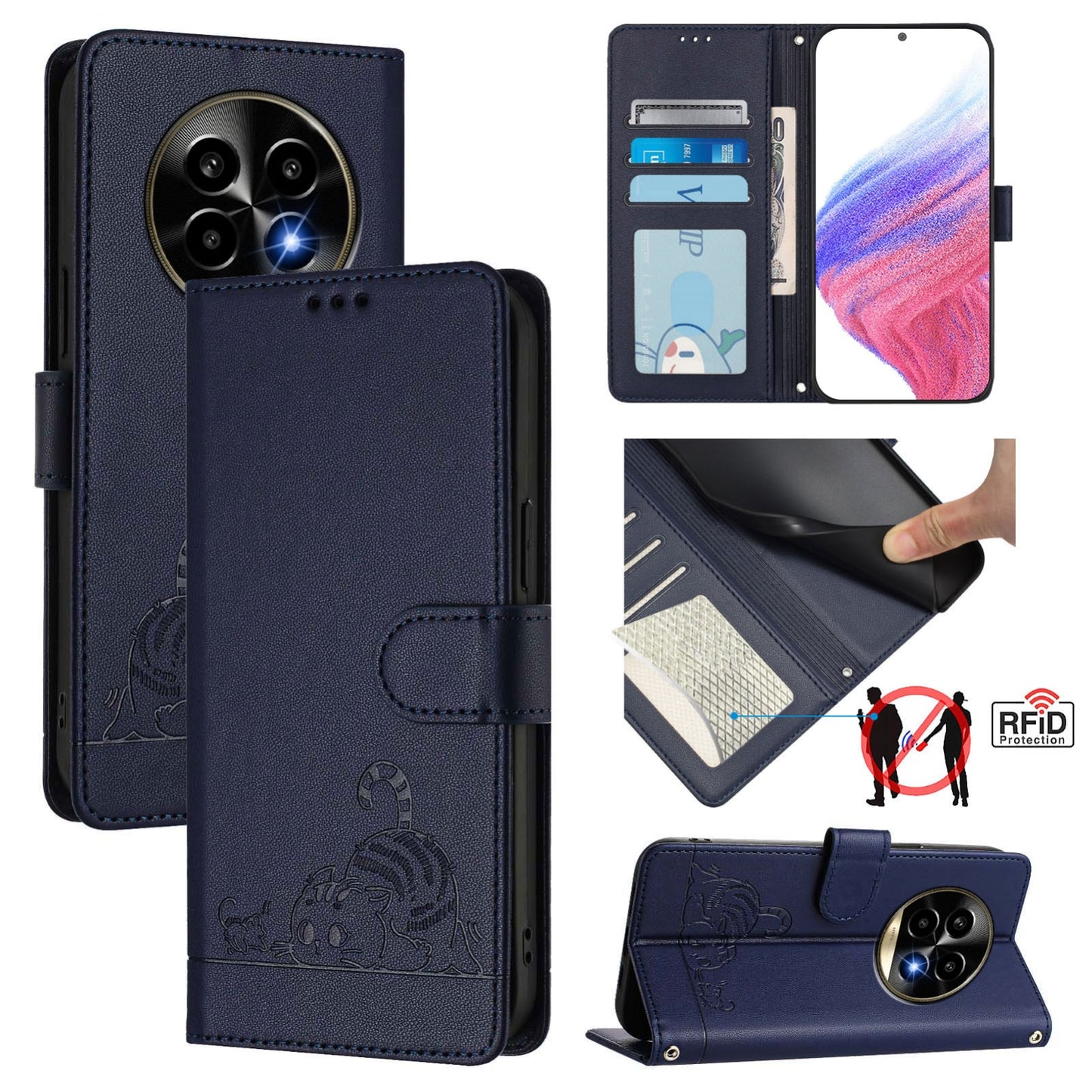 Realme 13 Pro+ 5G Cat and Rat Embossed Pattern, RFID Leather Phone Case with Lanyard, Kickstand, and Wallet Features