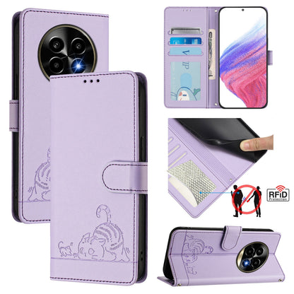 Realme 13 Pro+ 5G Cat and Rat Embossed Pattern, RFID Leather Phone Case with Lanyard, Kickstand, and Wallet Features