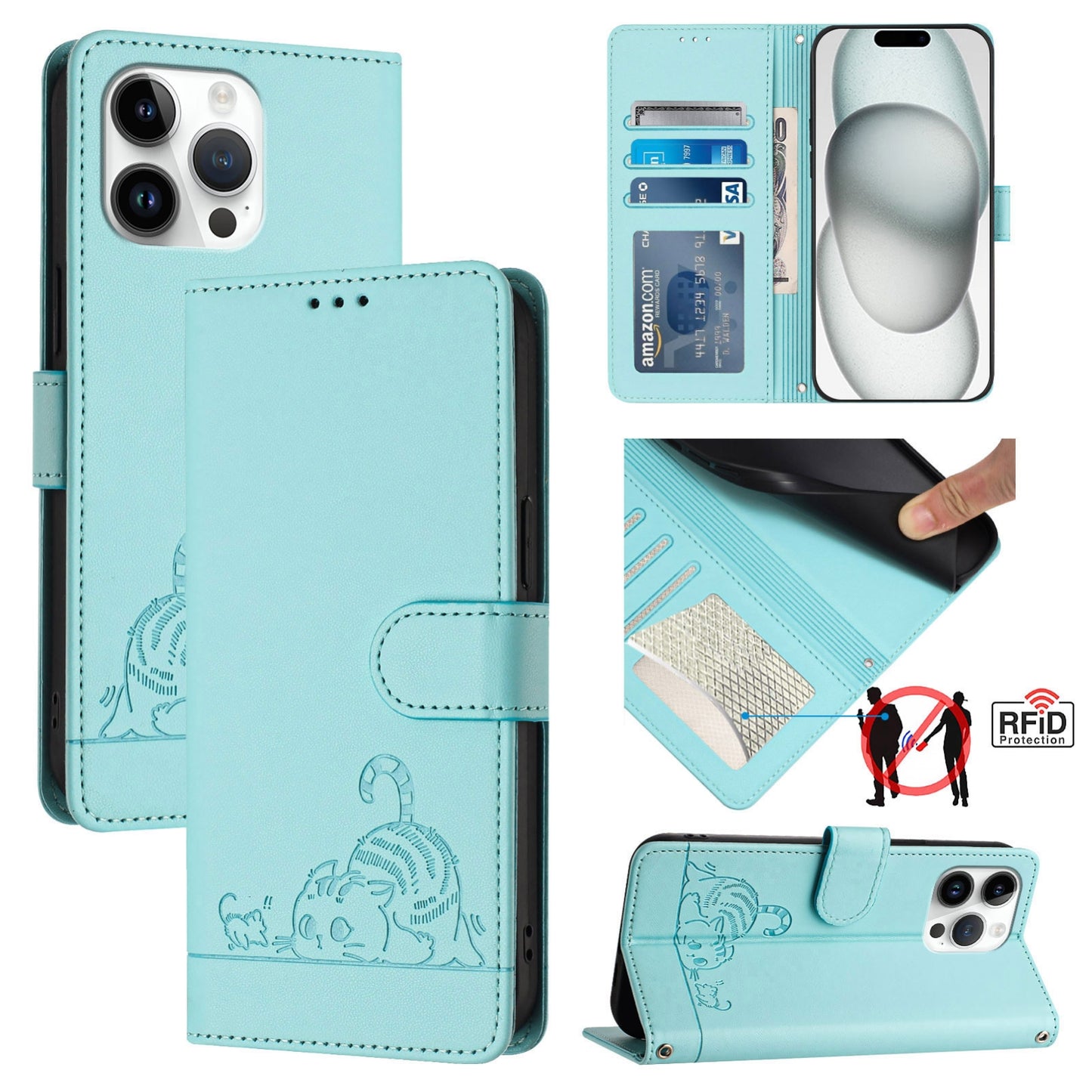 iPhone 15 Pro Max Cat and Rat Embossed Pattern, RFID Leather Phone Case with Lanyard, Kickstand, and Wallet Features