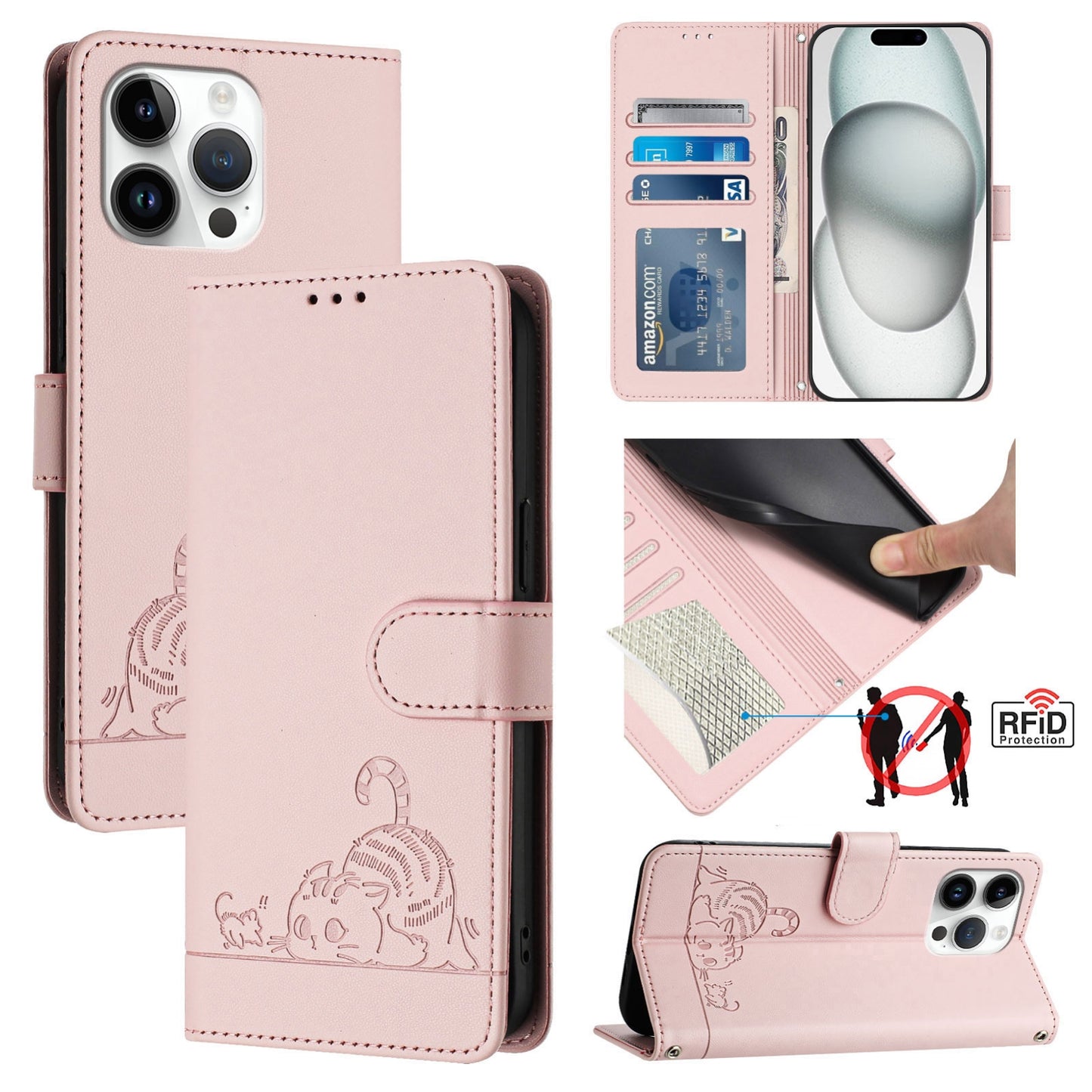 iPhone 15 Pro Max Cat and Rat Embossed Pattern, RFID Leather Phone Case with Lanyard, Kickstand, and Wallet Features