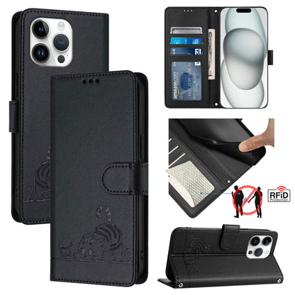 iPhone 15 Pro Max Cat and Rat Embossed Pattern, RFID Leather Phone Case with Lanyard, Kickstand, and Wallet Features