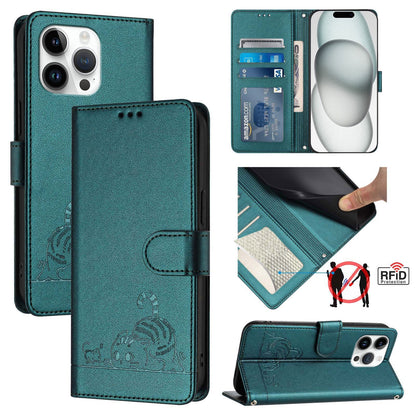 iPhone 15 Pro Max Cat and Rat Embossed Pattern, RFID Leather Phone Case with Lanyard, Kickstand, and Wallet Features