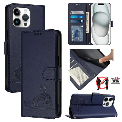 iPhone 15 Pro Max Cat and Rat Embossed Pattern, RFID Leather Phone Case with Lanyard, Kickstand, and Wallet Features