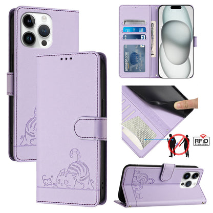 iPhone 15 Pro Max Cat and Rat Embossed Pattern, RFID Leather Phone Case with Lanyard, Kickstand, and Wallet Features