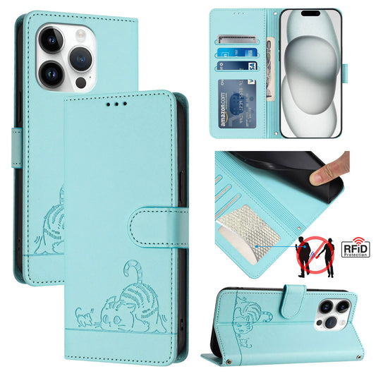 iPhone 15 Pro Cat and Rat Embossed Pattern, RFID Leather Phone Case with Lanyard, Kickstand, and Wallet Features