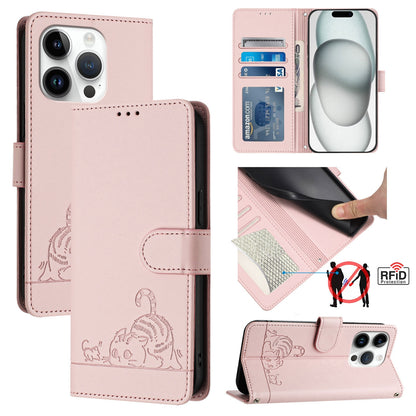 iPhone 15 Pro Cat and Rat Embossed Pattern, RFID Leather Phone Case with Lanyard, Kickstand, and Wallet Features