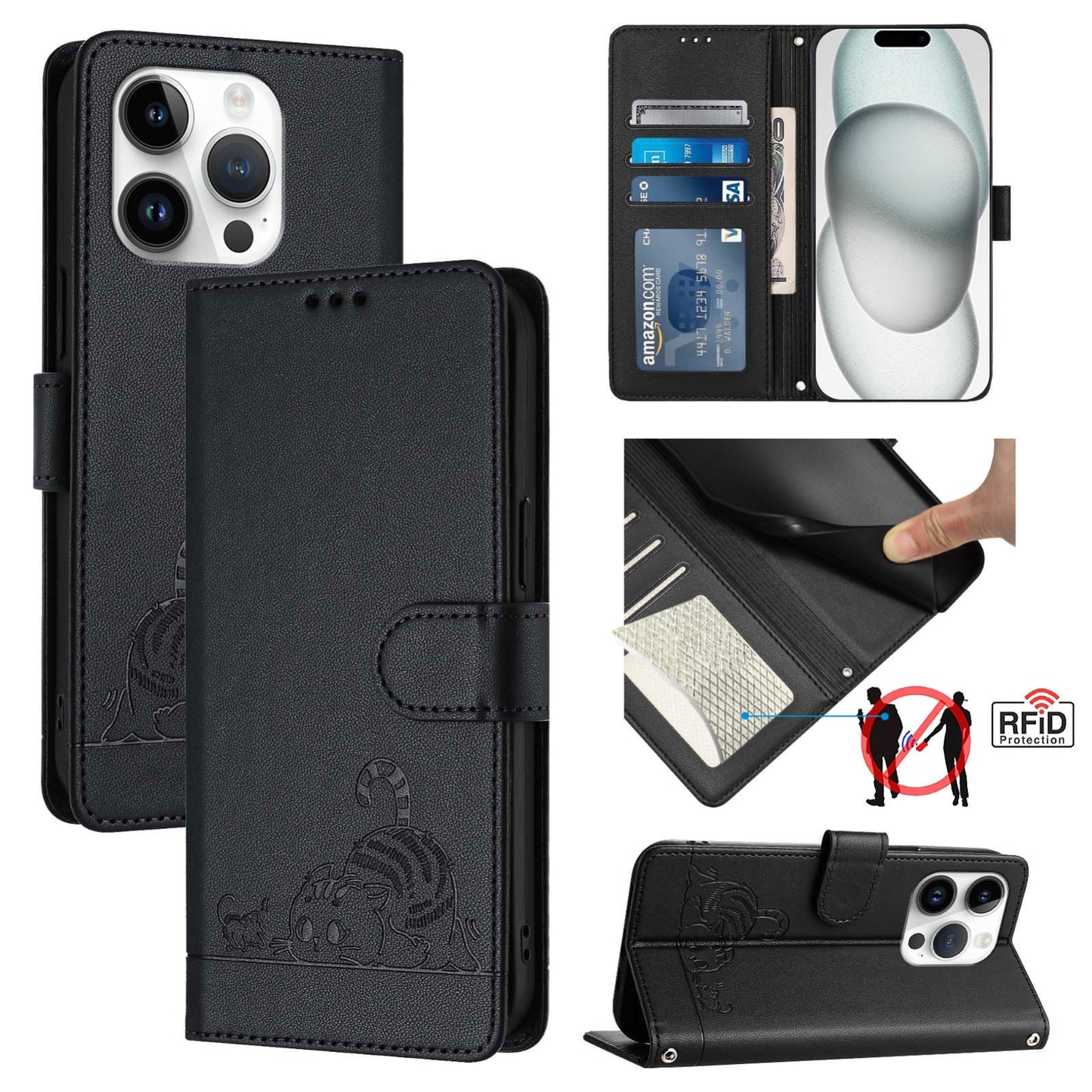 iPhone 15 Pro Cat and Rat Embossed Pattern, RFID Leather Phone Case with Lanyard, Kickstand, and Wallet Features