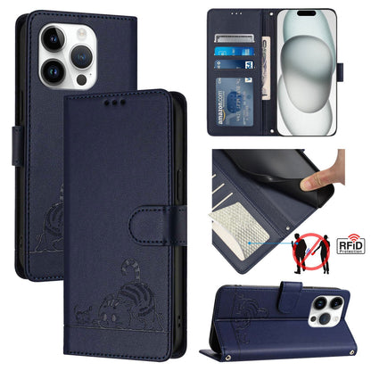 iPhone 15 Pro Cat and Rat Embossed Pattern, RFID Leather Phone Case with Lanyard, Kickstand, and Wallet Features