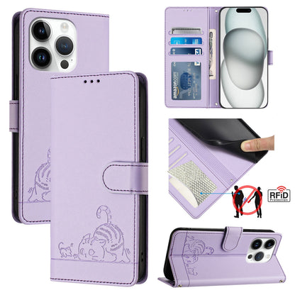 iPhone 15 Pro Cat and Rat Embossed Pattern, RFID Leather Phone Case with Lanyard, Kickstand, and Wallet Features