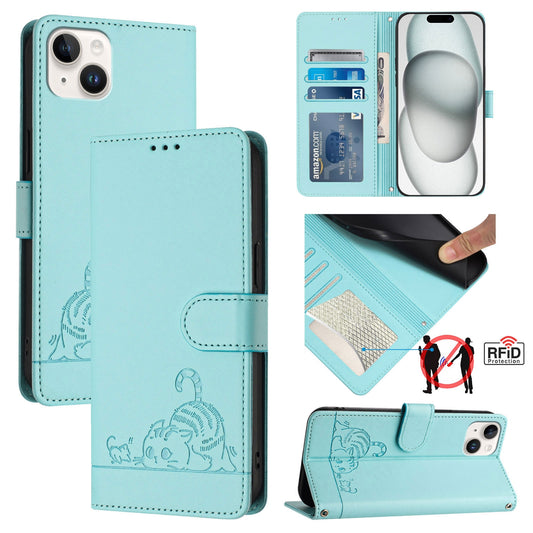 iPhone 15 Plus Cat and Rat Embossed Pattern, RFID Leather Phone Case with Lanyard, Kickstand, and Wallet Features