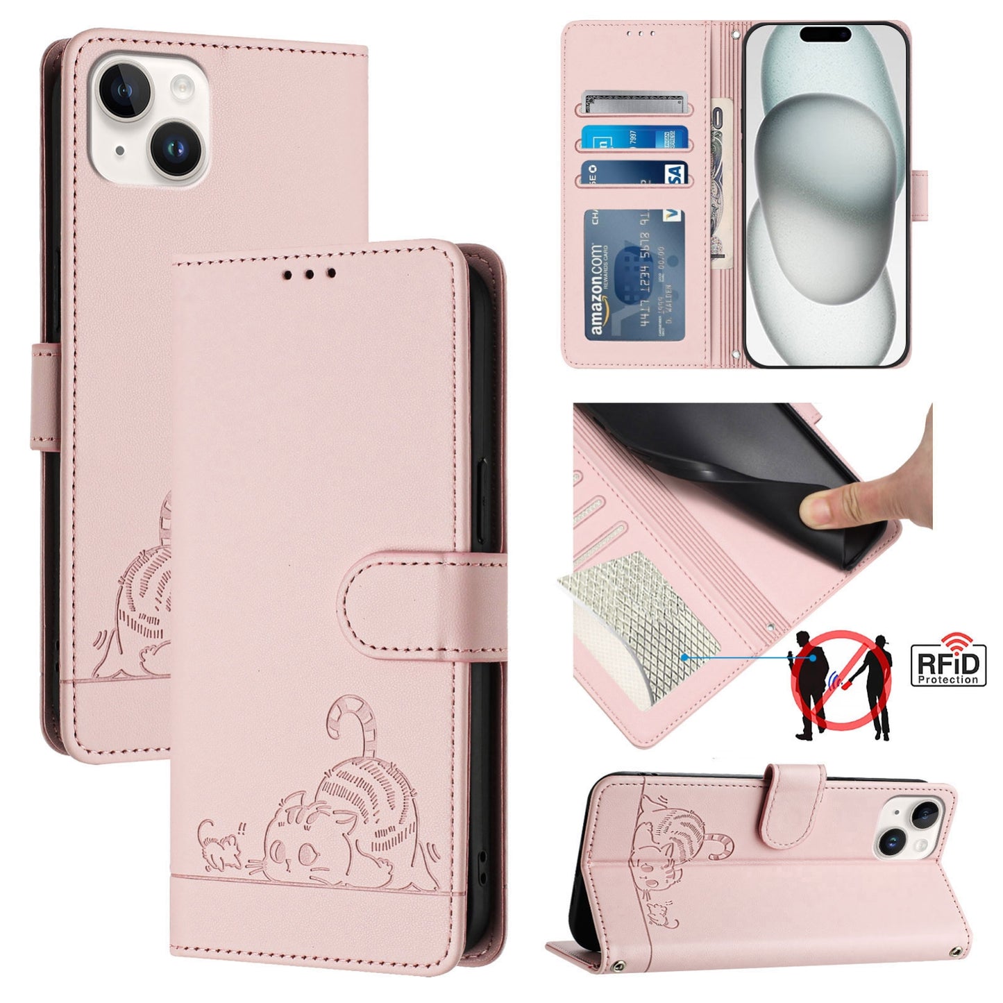 iPhone 15 Plus Cat and Rat Embossed Pattern, RFID Leather Phone Case with Lanyard, Kickstand, and Wallet Features