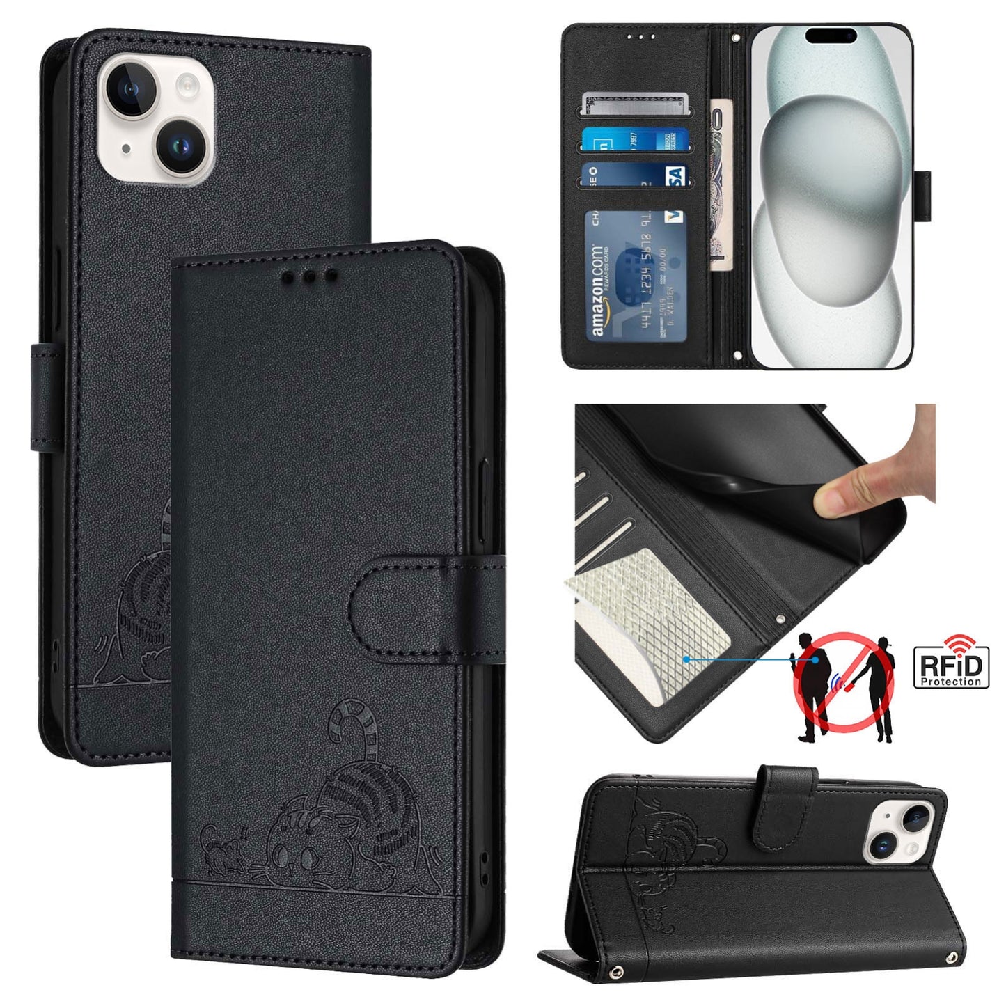 iPhone 15 Plus Cat and Rat Embossed Pattern, RFID Leather Phone Case with Lanyard, Kickstand, and Wallet Features