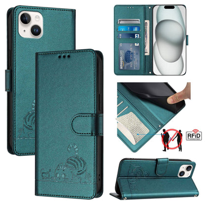 iPhone 15 Plus Cat and Rat Embossed Pattern, RFID Leather Phone Case with Lanyard, Kickstand, and Wallet Features