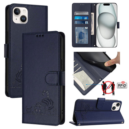 iPhone 15 Plus Cat and Rat Embossed Pattern, RFID Leather Phone Case with Lanyard, Kickstand, and Wallet Features