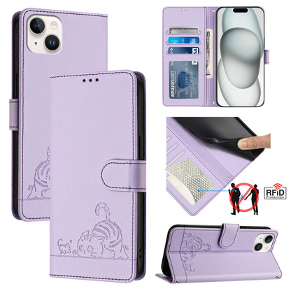 iPhone 15 Plus Cat and Rat Embossed Pattern, RFID Leather Phone Case with Lanyard, Kickstand, and Wallet Features