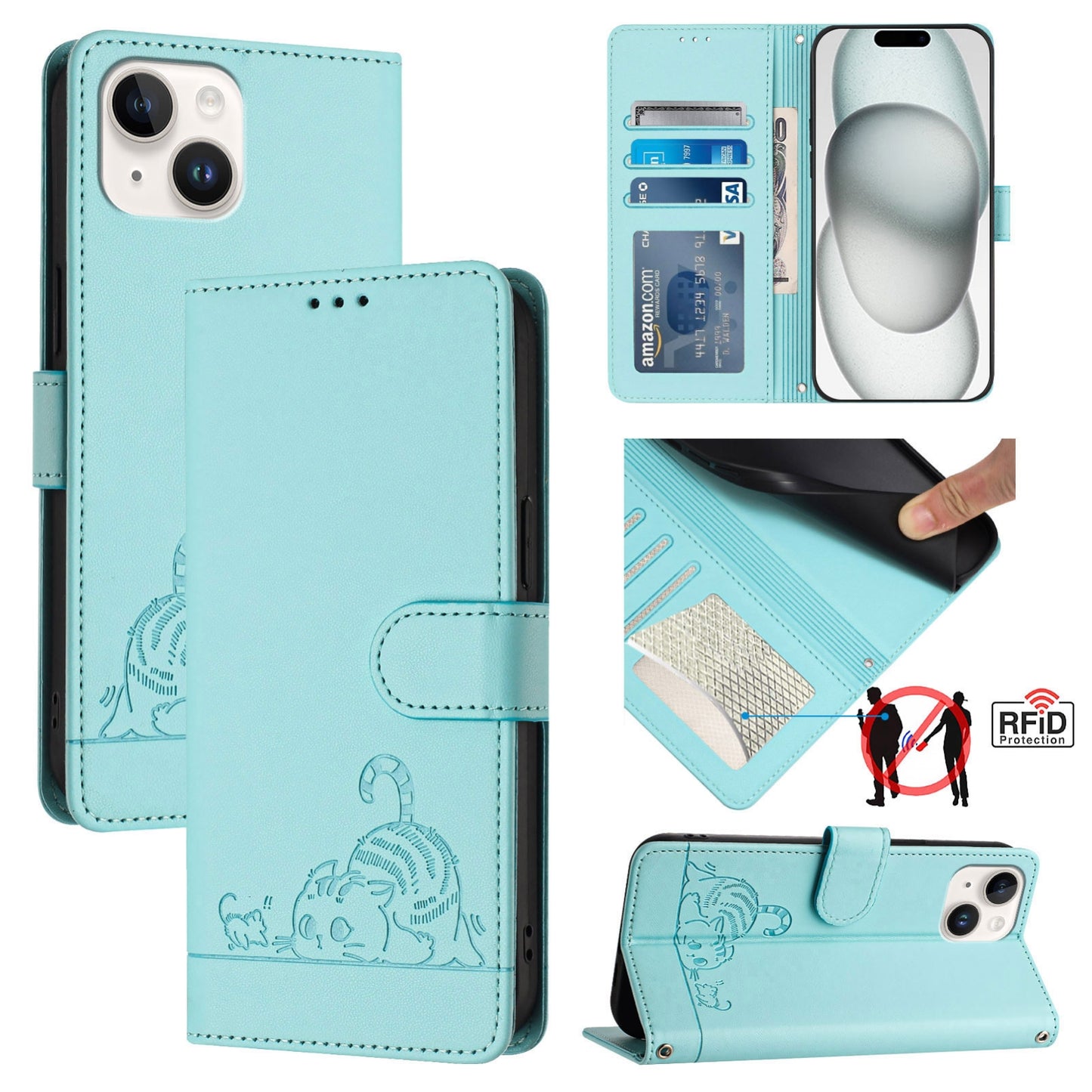 iPhone 15 Cat and Rat Embossed Pattern, RFID Leather Phone Case with Lanyard, Kickstand, and Wallet Features