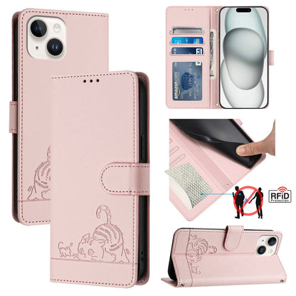 iPhone 15 Cat and Rat Embossed Pattern, RFID Leather Phone Case with Lanyard, Kickstand, and Wallet Features