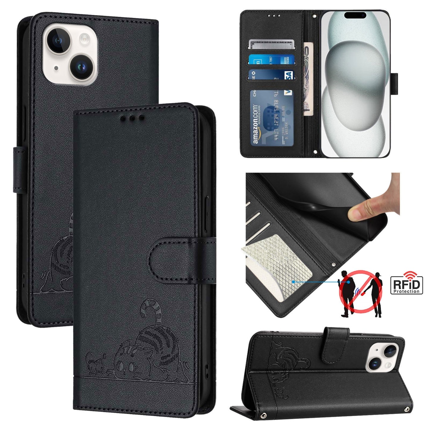 iPhone 15 Cat and Rat Embossed Pattern, RFID Leather Phone Case with Lanyard, Kickstand, and Wallet Features