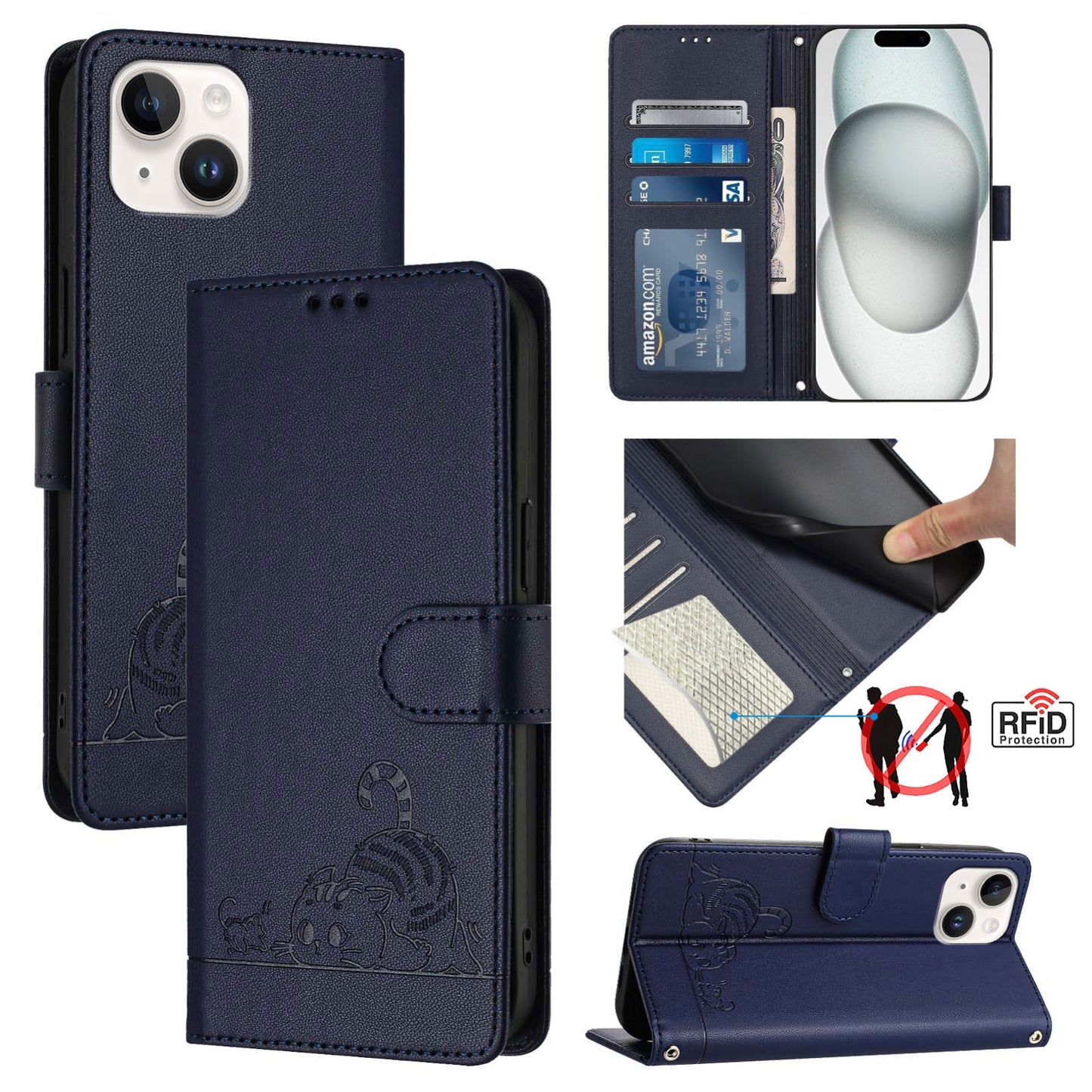 iPhone 15 Cat and Rat Embossed Pattern, RFID Leather Phone Case with Lanyard, Kickstand, and Wallet Features