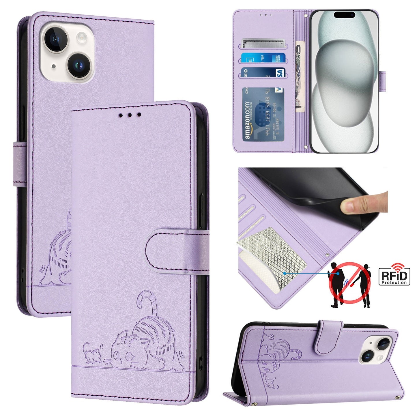 iPhone 15 Cat and Rat Embossed Pattern, RFID Leather Phone Case with Lanyard, Kickstand, and Wallet Features