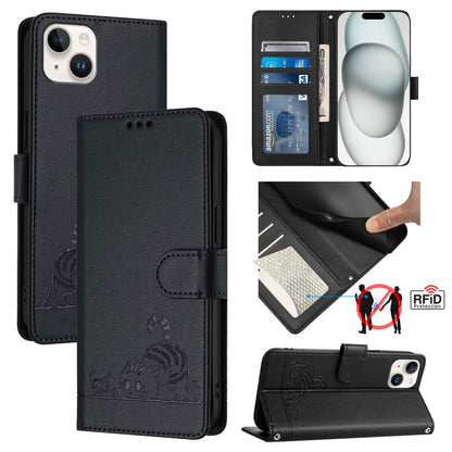 iPhone 14 Plus Cat and Rat Embossed Pattern, RFID Leather Phone Case with Lanyard, Kickstand, and Wallet Features