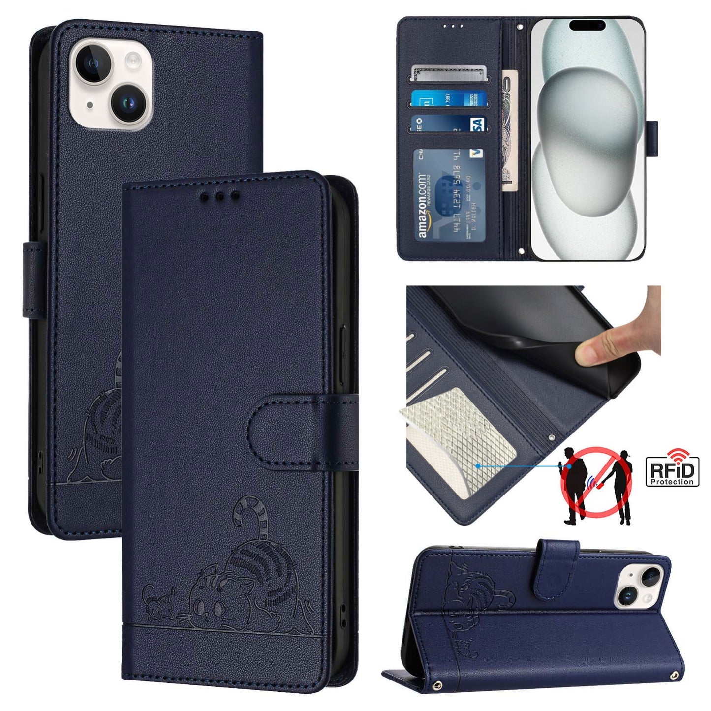 iPhone 14 Plus Cat and Rat Embossed Pattern, RFID Leather Phone Case with Lanyard, Kickstand, and Wallet Features