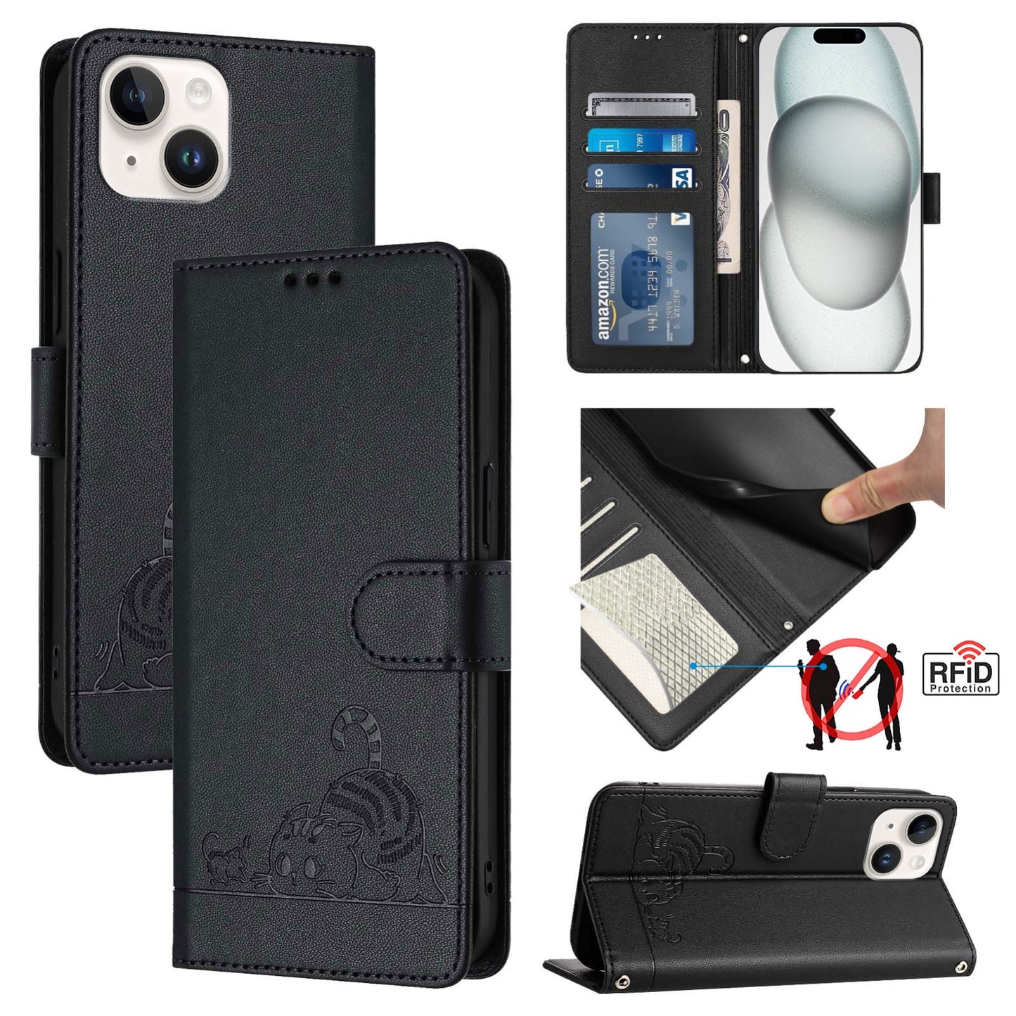 iPhone 13 Cat and Rat Embossed Pattern, RFID Leather Phone Case with Lanyard, Kickstand, and Wallet Features