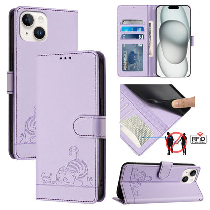 iPhone 14 Cat and Rat Embossed Pattern, RFID Leather Phone Case with Lanyard, Kickstand, and Wallet Features