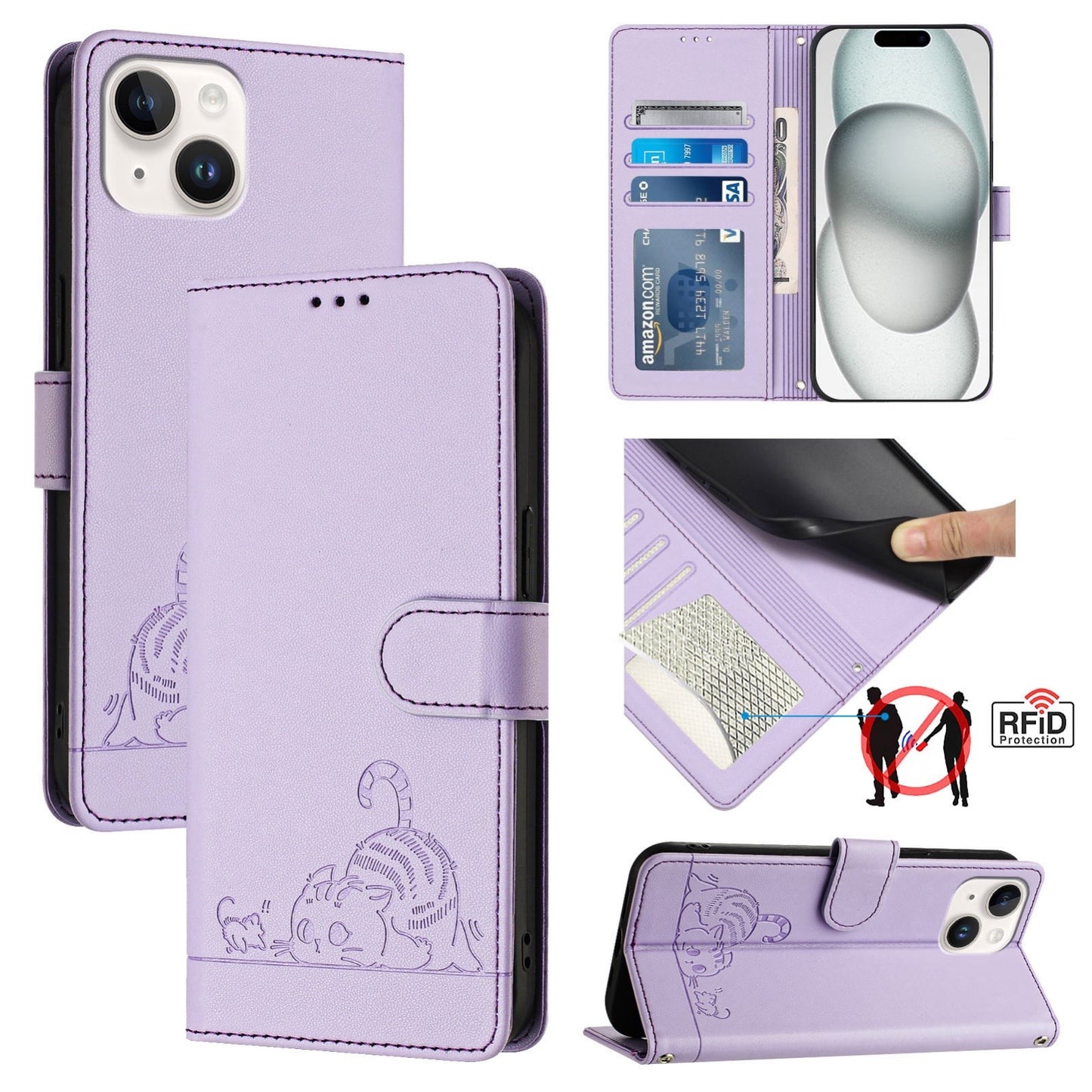 iPhone 13 Cat and Rat Embossed Pattern, RFID Leather Phone Case with Lanyard, Kickstand, and Wallet Features