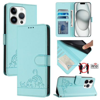 iPhone 14 Pro Cat and Rat Embossed Pattern, RFID Leather Phone Case with Lanyard, Kickstand, and Wallet Features