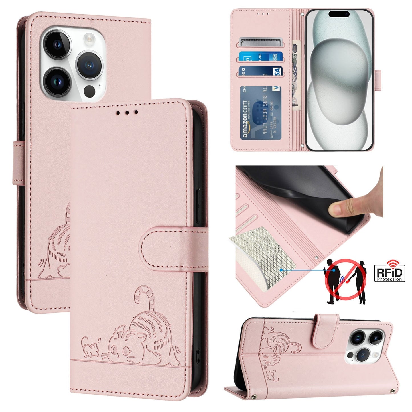 iPhone 14 Pro Cat and Rat Embossed Pattern, RFID Leather Phone Case with Lanyard, Kickstand, and Wallet Features